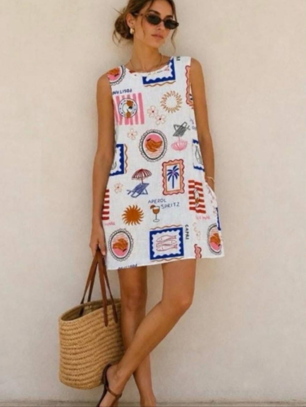 Paper Heart Linen Blend Aperol Spritz Sleeveless Casual Vacation Dress - L